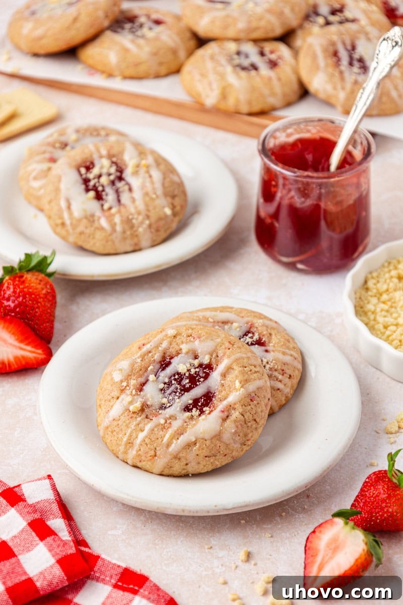 two strawberry shortcake cookies on a white plate with more cookies in the background