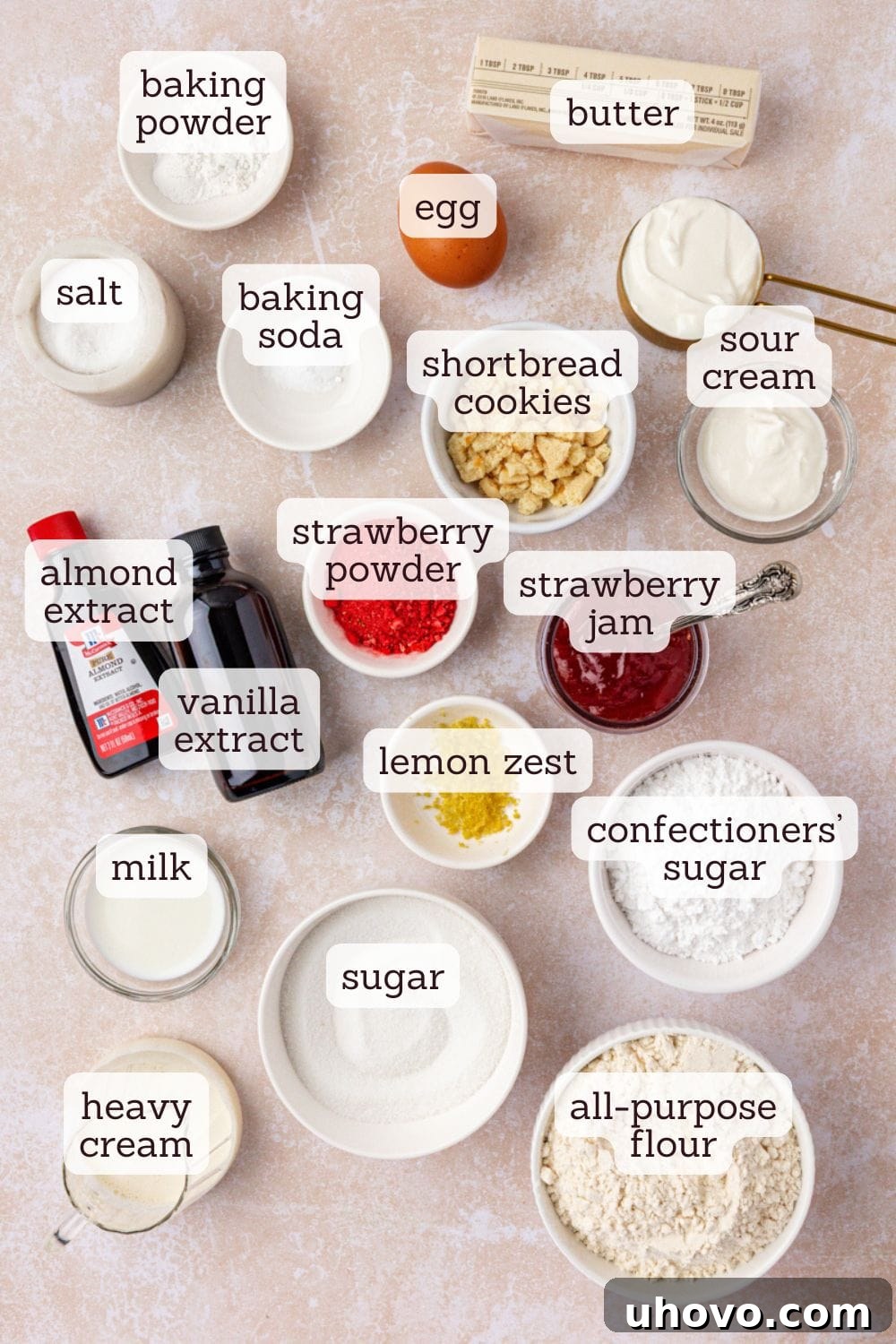 overhead view of ingredients for strawberry shortcake cookies