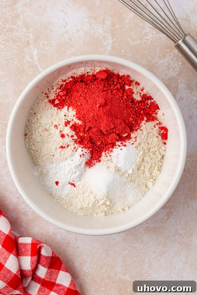 overhead view of flour, freeze-dried strawberry powder, baking powder, baking soda, and salt in a mixing bowl