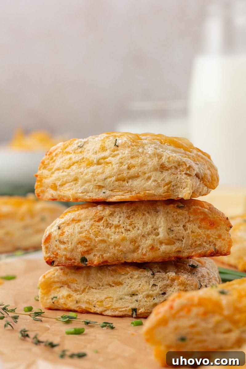 side view of a stack of three herb and cheese scones showing the buttery, flaky layers