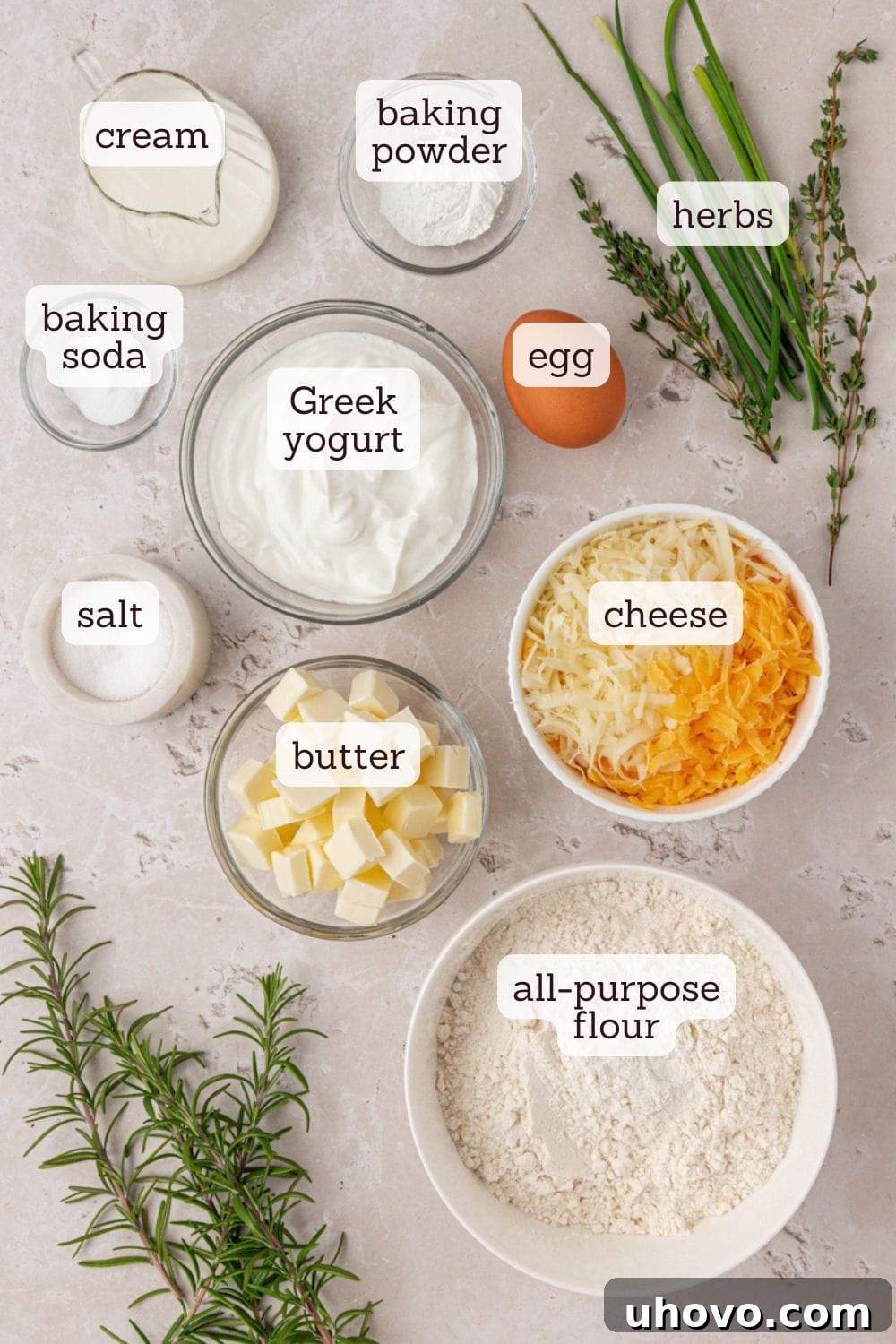 overhead view of ingredients for herb and cheese scones