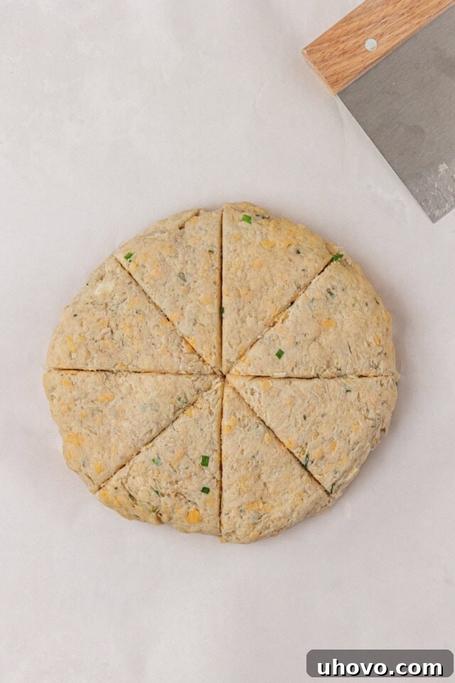 overhead view of herb and cheese scone dough shaped into a circle and cut into wedges