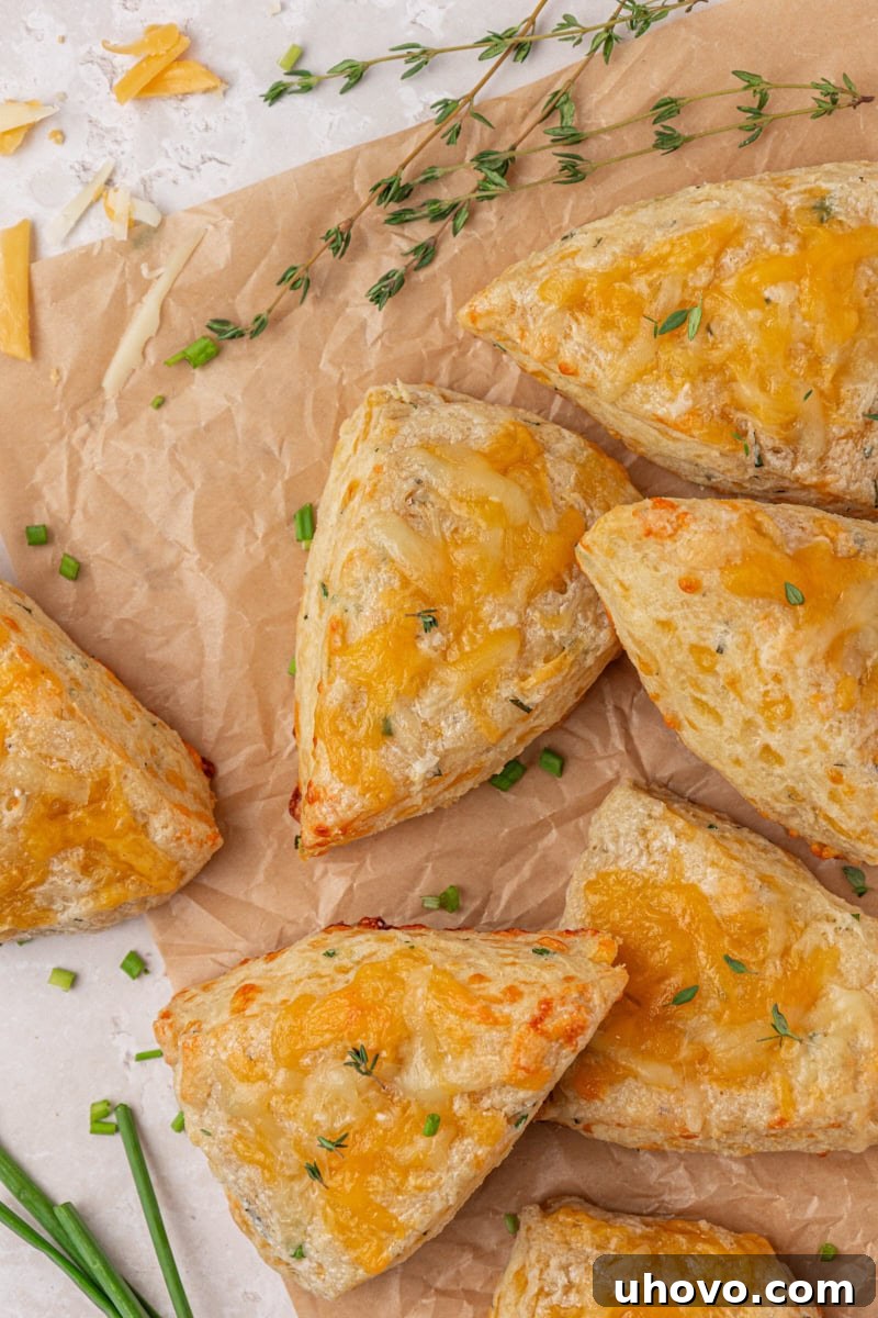 overhead view of several herb and cheese scones on parchment paper