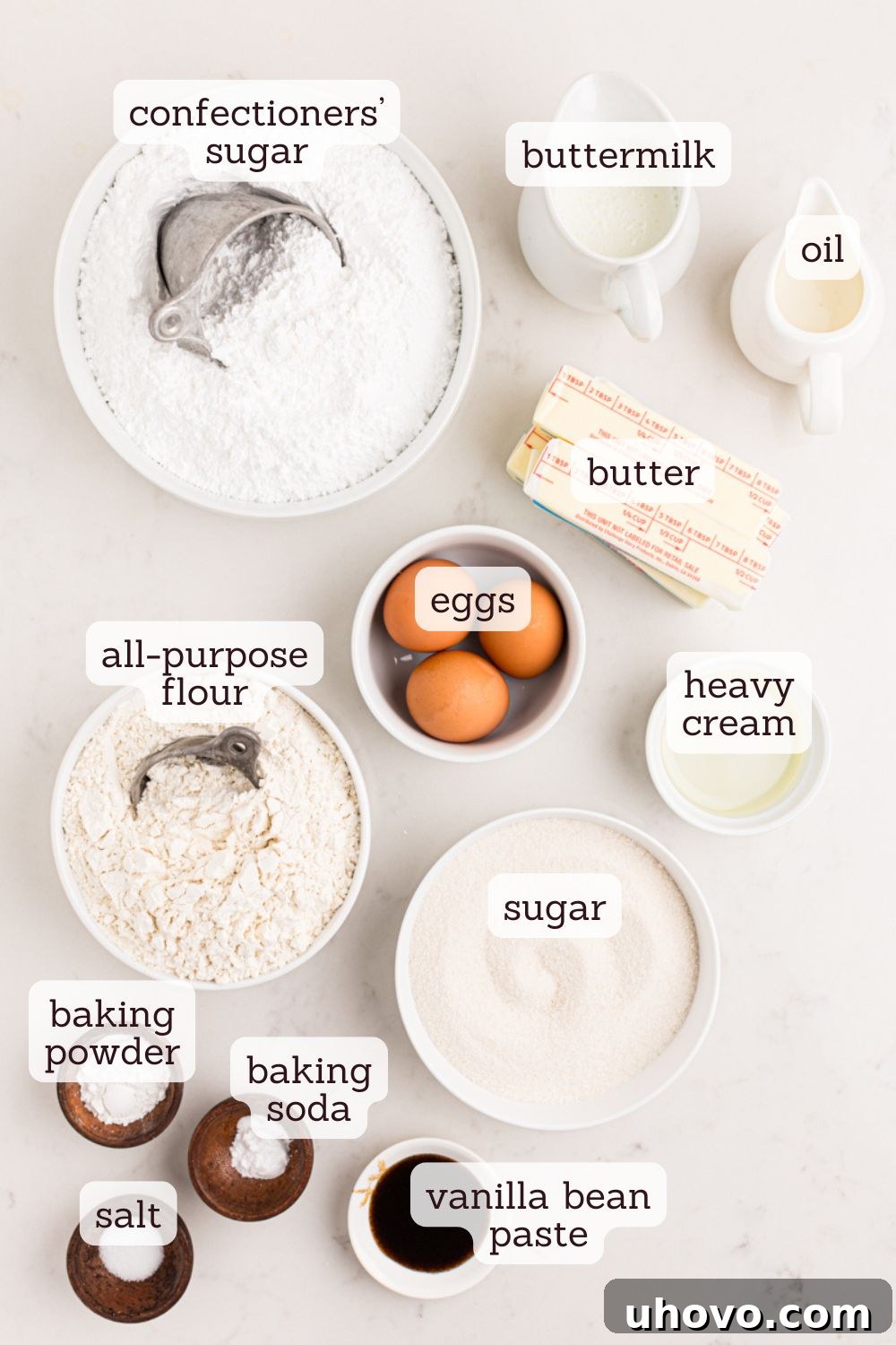 overhead view of ingredients for vanilla cake