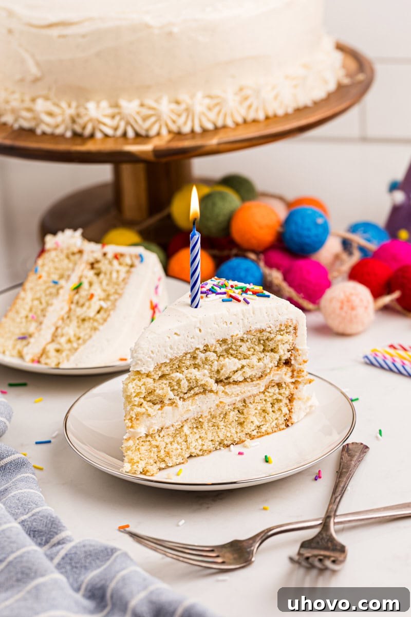 vanilla layer cake topped with fluffy vanilla buttercream, sprinkles, and a lit birthday candle