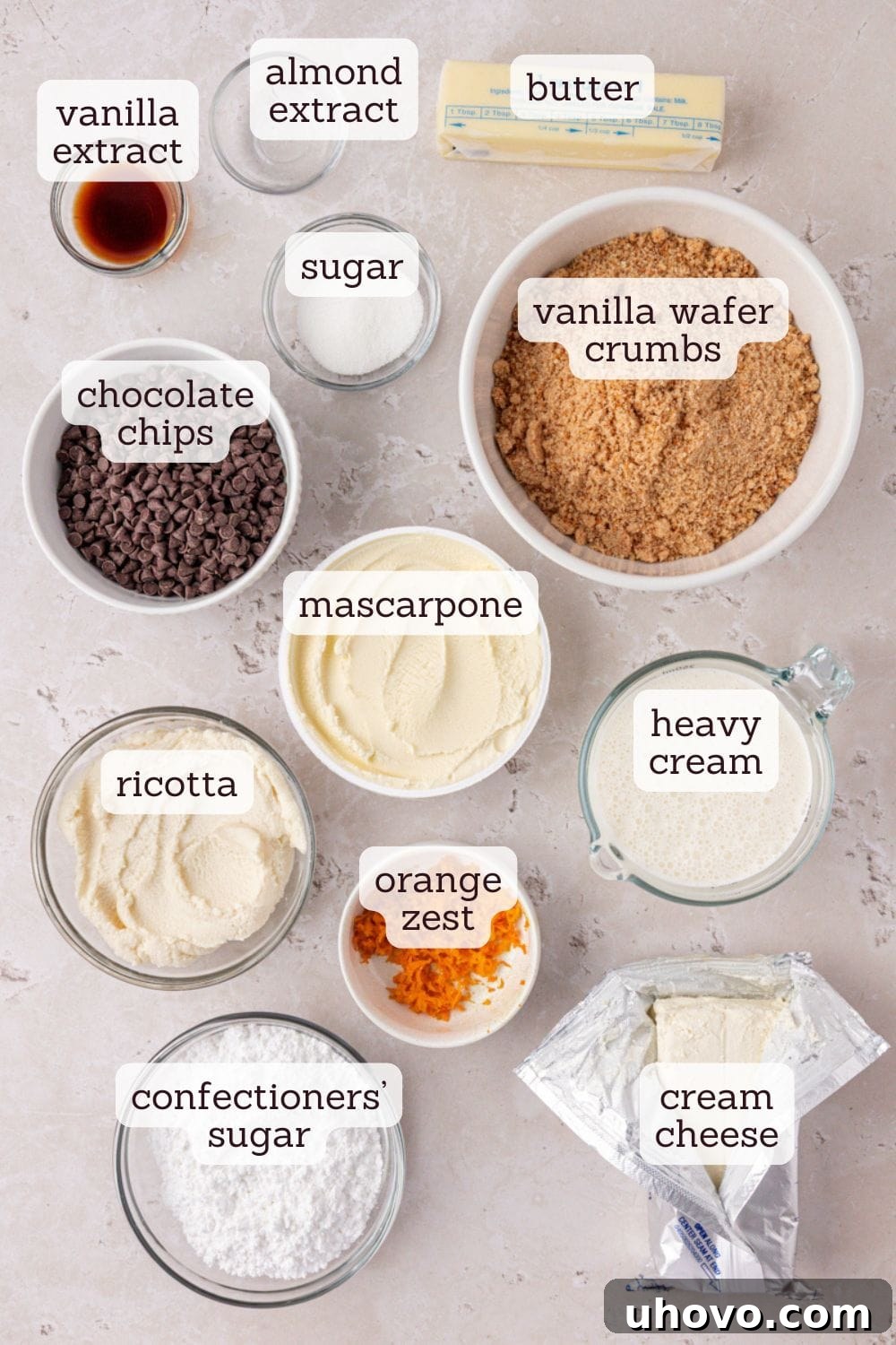 overhead view of ingredients for cannoli cheesecake