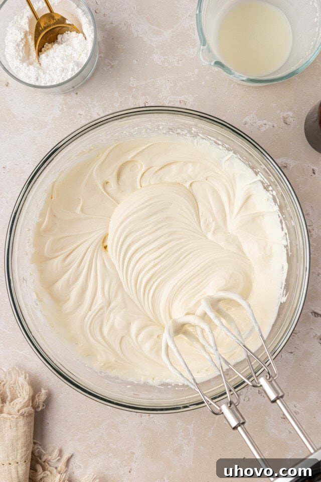 overhead view of freshly mixed mascarpone whipped cream