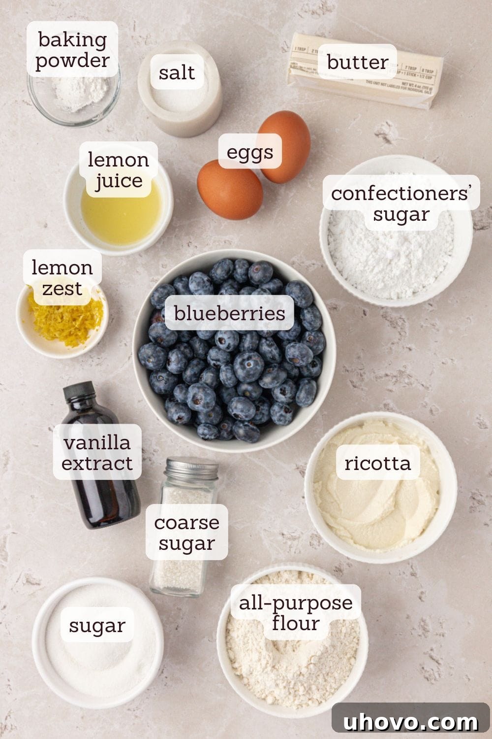 overhead view of ingredients for blueberry ricotta cake
