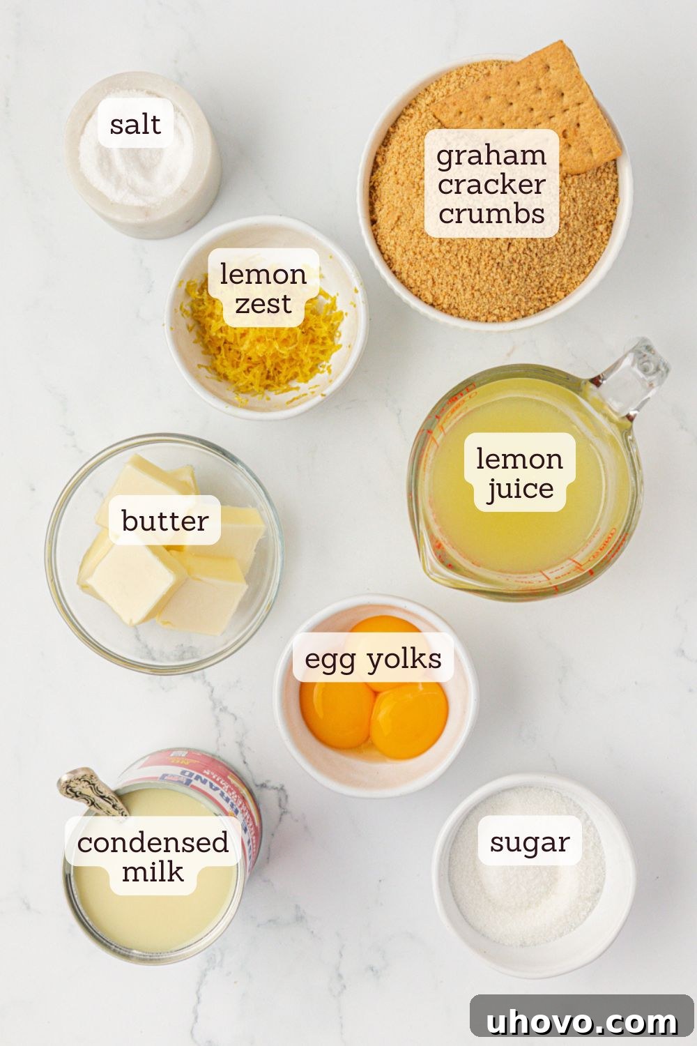 Tangy Lemon Icebox Bars Recipe — Cool, Zesty Dessert with Shortbread Crust 3 overhead view of ingredients for lemon icebox bars