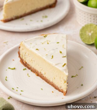 Creamy Key Lime Cheesecake Recipe: Zesty No-Bake Dessert 15 slice of Key lime cheesecake with graham cracker crust and sour cream topping
