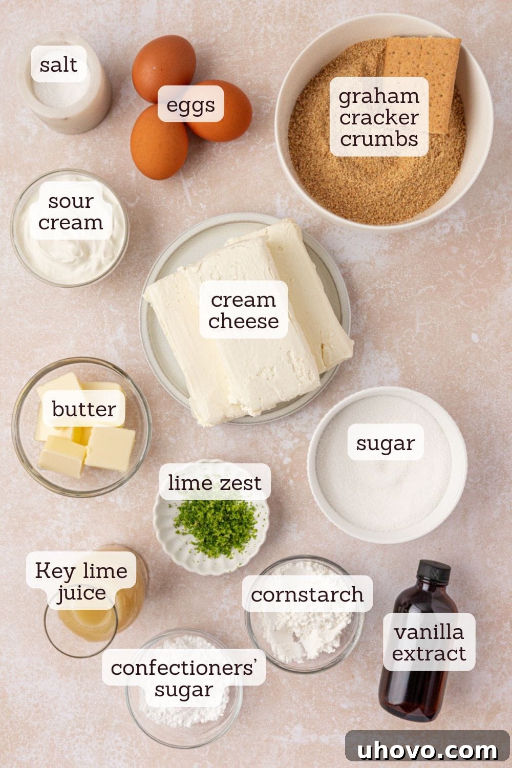 Creamy Key Lime Cheesecake Recipe: Zesty No-Bake Dessert 3 overhead view of ingredients for Key lime cheesecake