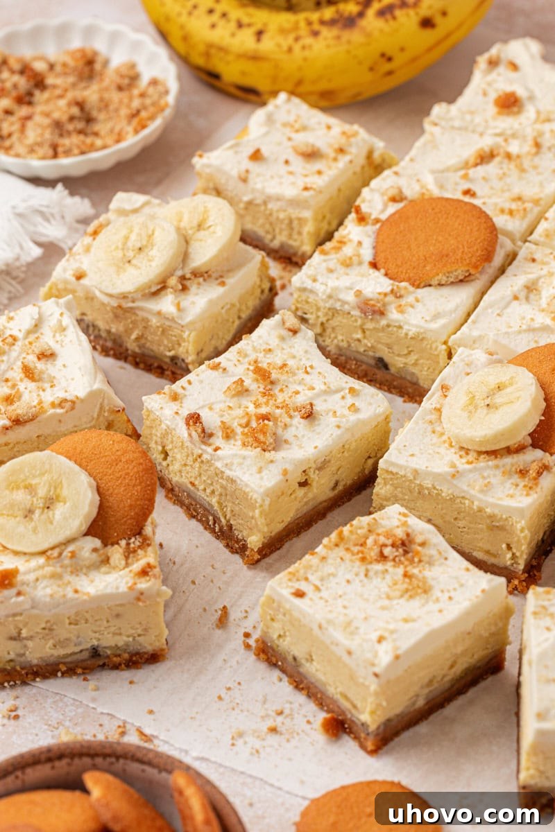 Creamy Banana Pudding Cheesecake Bars 10 banana pudding cheesecake bars featuring layers of vanilla wafer crust, banana cheesecake filling, and whipped cream
