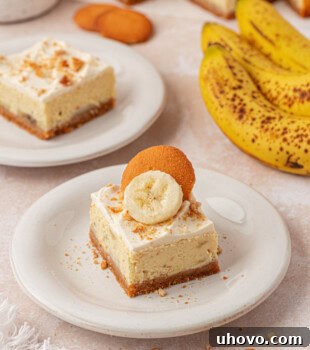 Creamy Banana Pudding Cheesecake Bars 15 banana pudding cheesecake bar with layers of vanilla cookie crust, banana cheesecake, and whipped cream