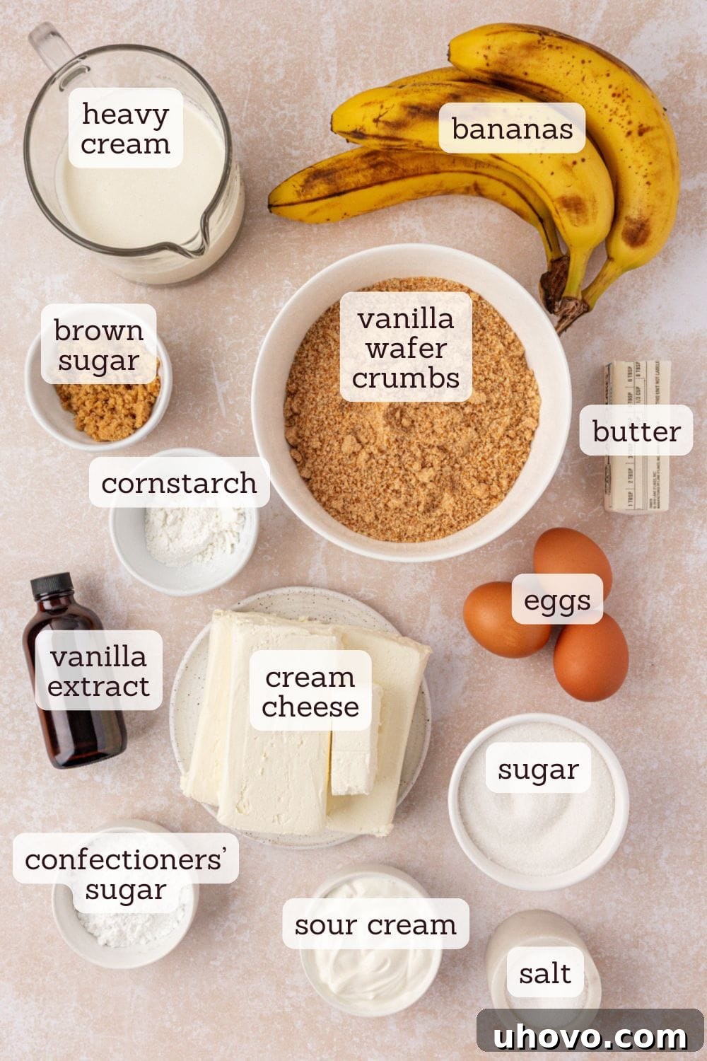 Creamy Banana Pudding Cheesecake Bars 3 overhead view of ingredients for banana pudding cheesecake bars