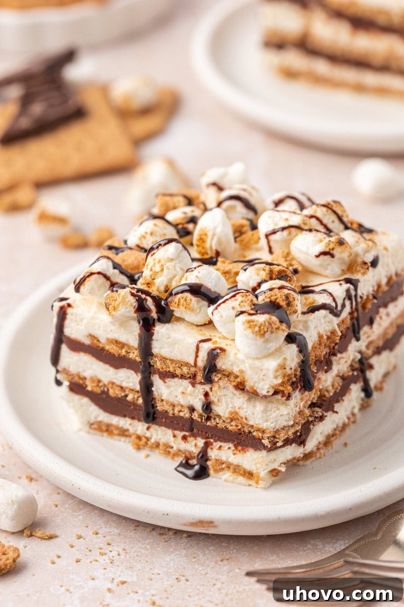 No-Bake S'mores Icebox Cake 2 a slice of s'mores icebox cake with layers of graham crackers, marshmallow filling, and chocolate ganache, topped with toasted marshmallows, cookie crumbs, and chocolate sauce