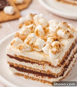 No-Bake S'mores Icebox Cake 12 close up of a slice of s'mores icebox cake, showing layers of marshmallow filling, chocolate ganache, and graham crackers