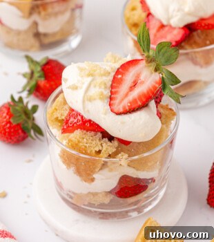 Mini Strawberry Shortcake Jars Recipe 17 an individual strawberry shortcake jar topped made with layers of vanilla cake cubes, whipped cream, and strawberries