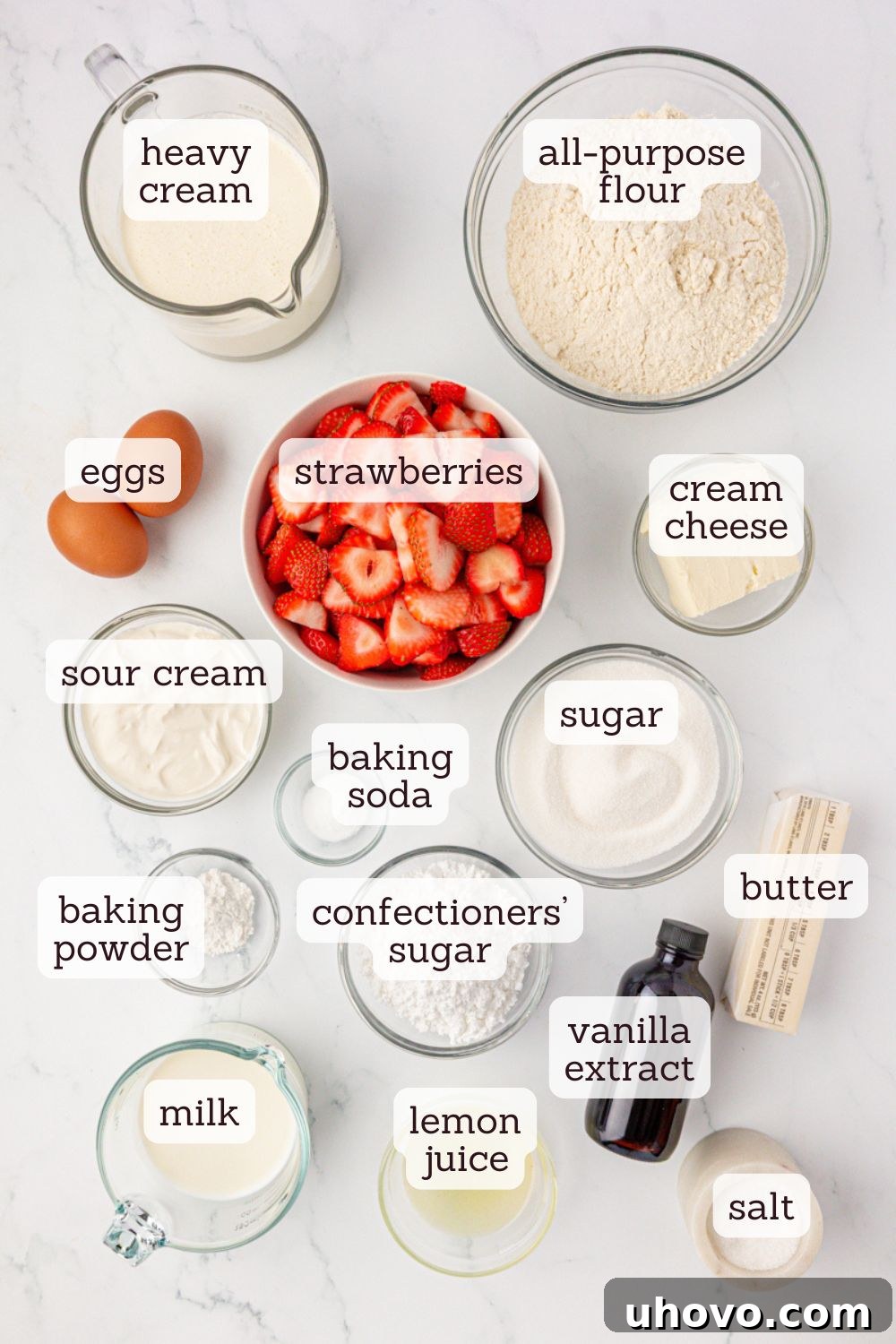 Mini Strawberry Shortcake Jars Recipe 3 overhead view of ingredients for strawberry shortcake jars