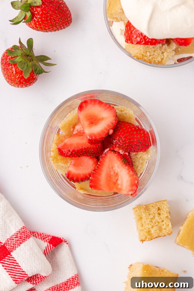 Mini Strawberry Shortcake Jars Recipe 8 vanilla cake cubes topped with macerated strawberries in a jar