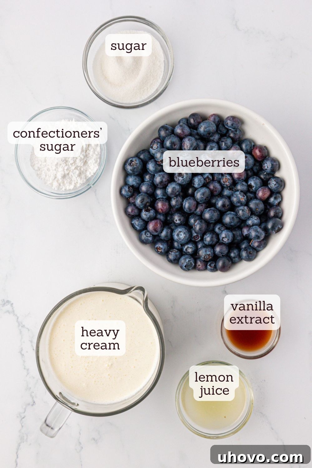 Creamy Blueberry Fool: Classic British Dessert Recipe 3 overhead view of ingredients for blueberry fool