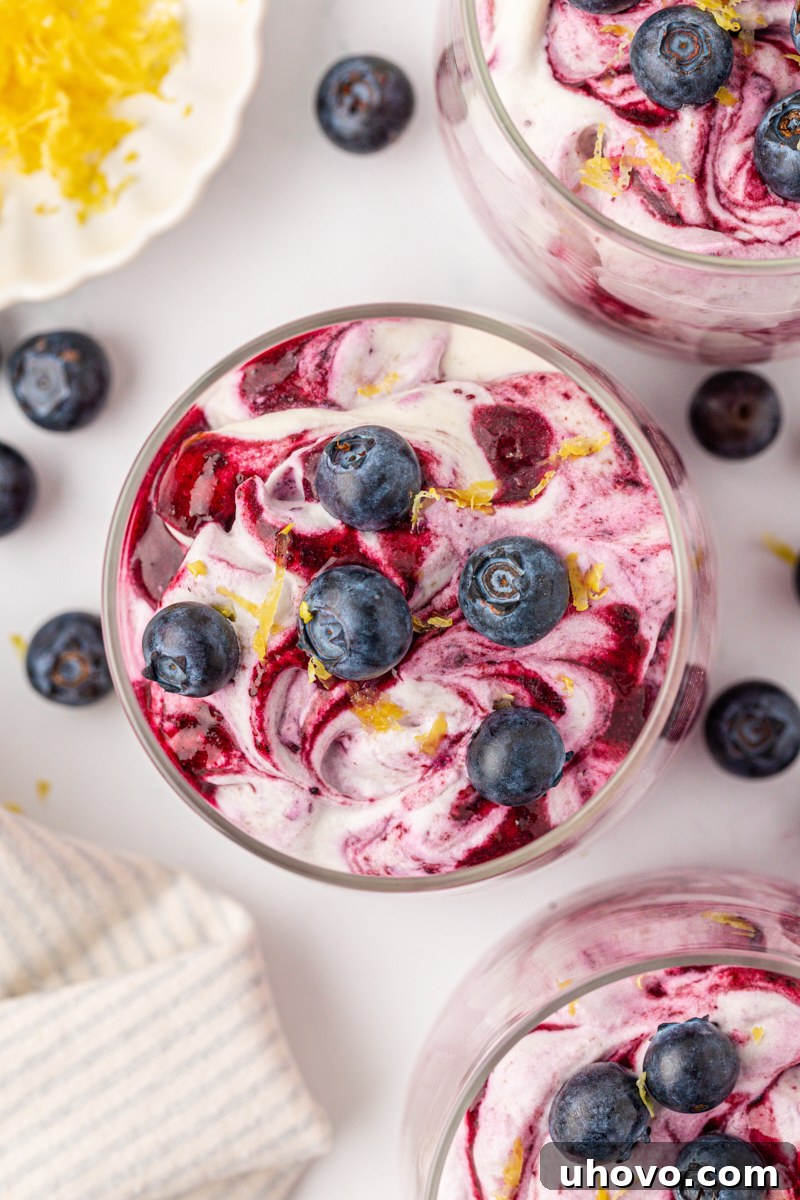 Creamy Blueberry Fool: Classic British Dessert Recipe 9 overhead view of swirled blueberry fool in a glass topped with fresh blueberries and lemon zest