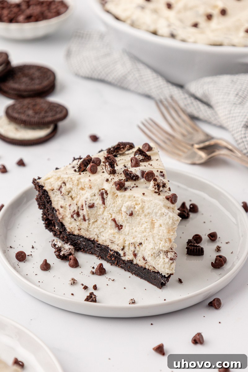 No-Bake Chocolate Chip Icebox Pie Recipe 10 a slice of chocolate chip icebox pie with Oreo crust