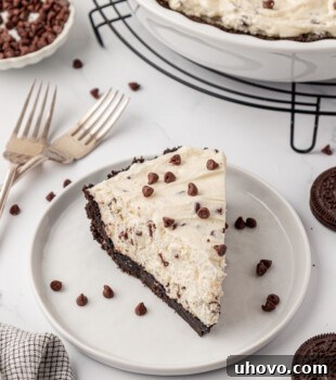 No-Bake Chocolate Chip Icebox Pie Recipe 11 a slice of chocolate chip icebox pie with Oreo crust