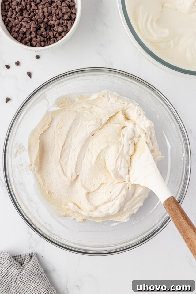 No-Bake Chocolate Chip Icebox Pie Recipe 5 folding whipped cream into cream cheese mixture