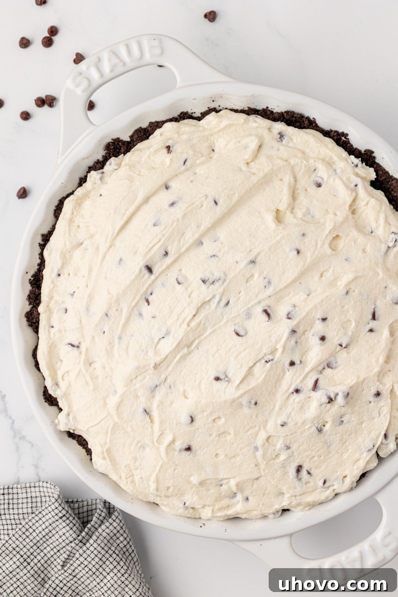 No-Bake Chocolate Chip Icebox Pie Recipe 8 overhead view of chocolate chip icebox pie with Oreo cookie crust