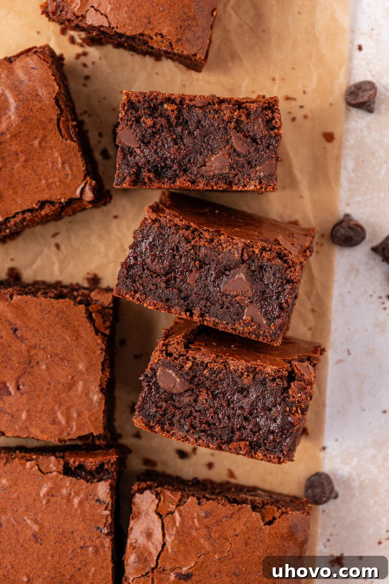 Fudgy Brownies Made with Brown Butter 10 overhead view of brown butter brownies turned on their sides to show the fudgy texture