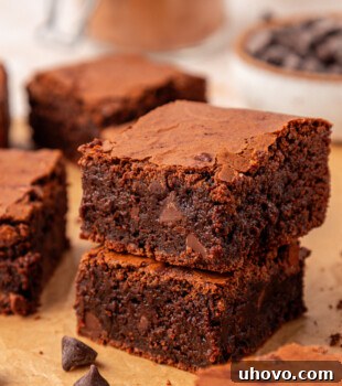 Fudgy Brownies Made with Brown Butter 12 close up of two stacked brown butter brownies