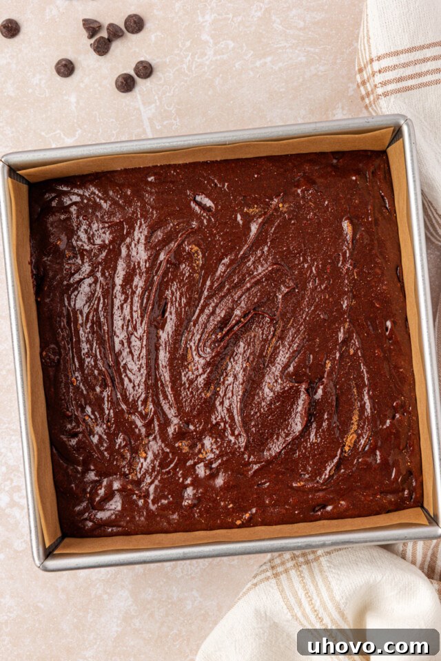 Fudgy Brownies Made with Brown Butter 7 brown butter brownie batter in a baking pan before baking