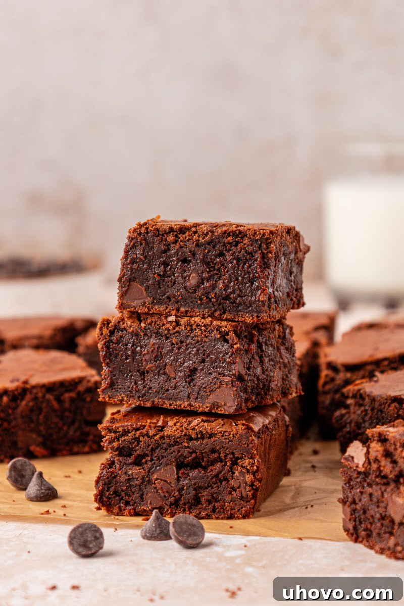 Fudgy Brownies Made with Brown Butter 9 stack of three fudgy brown butter brownies
