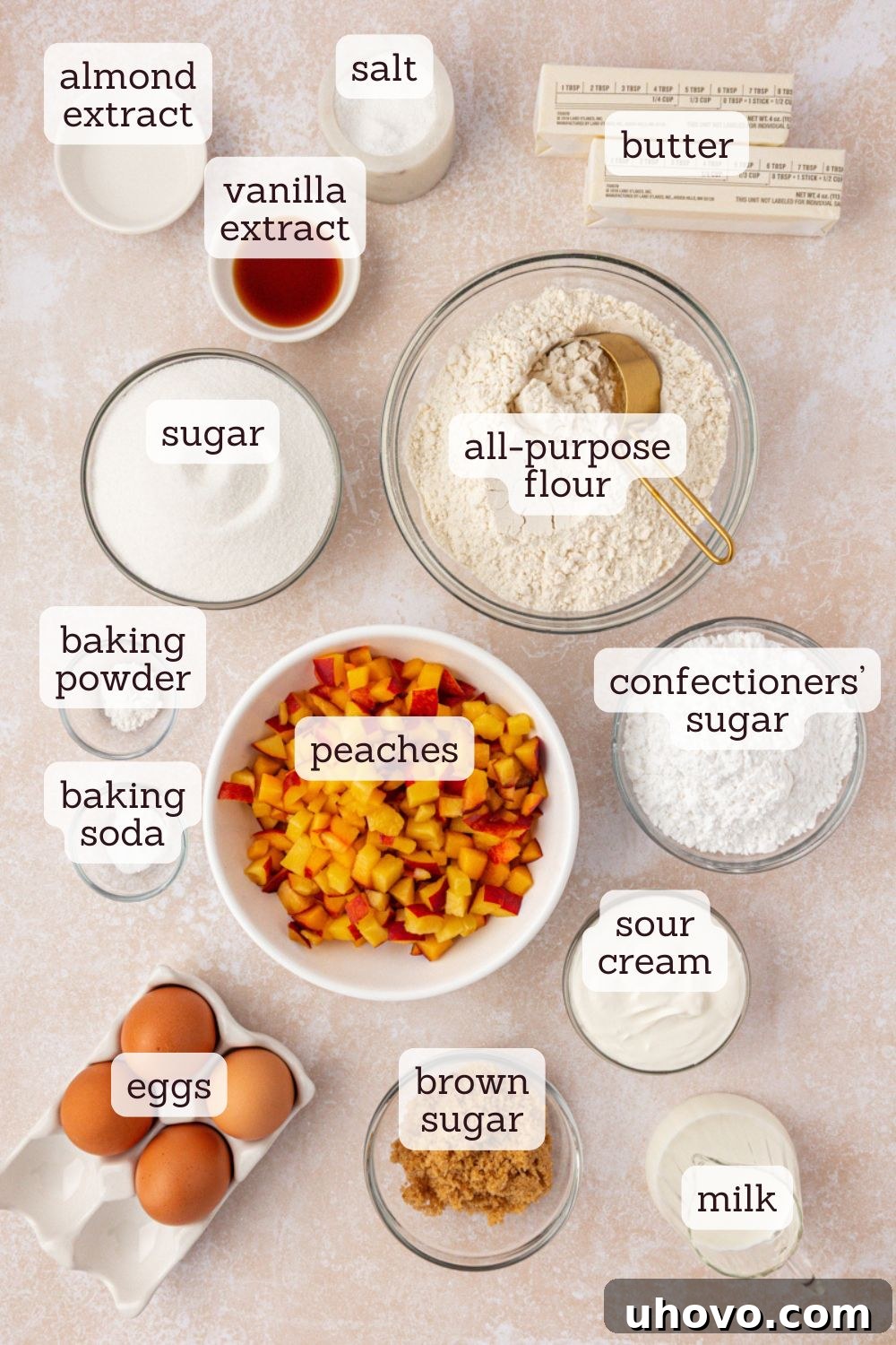 Peach Pound Cake Recipe with Fresh Peaches 3 overhead view of ingredients for peach pound cake