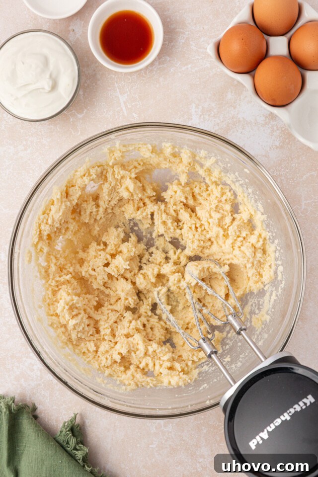 Peach Pound Cake Recipe with Fresh Peaches 4 creamed butter and sugars in a mixing bowl