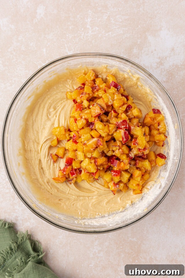 Peach Pound Cake Recipe with Fresh Peaches 5 diced fresh peaches added to pound cake batter