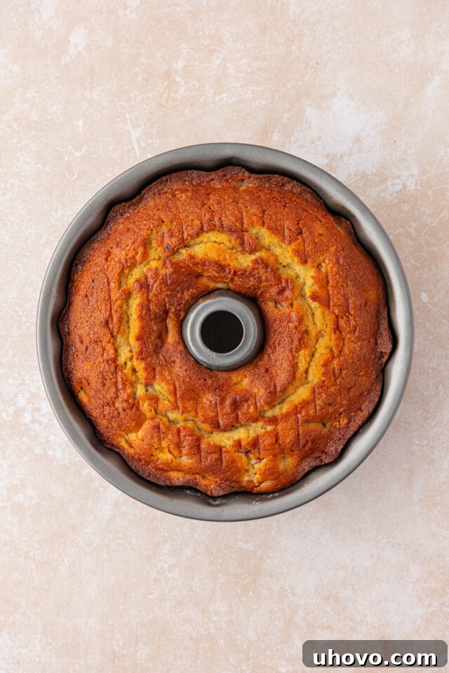 Peach Pound Cake Recipe with Fresh Peaches 7 freshly baked peach pound cake in a Bundt pan