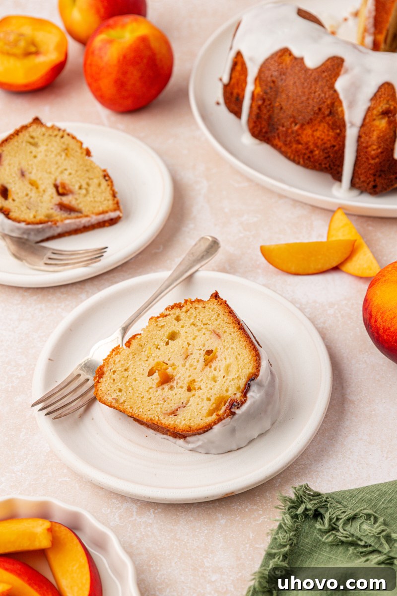 Peach Pound Cake Recipe with Fresh Peaches 9 slices of fresh peach cake topped with almond glaze