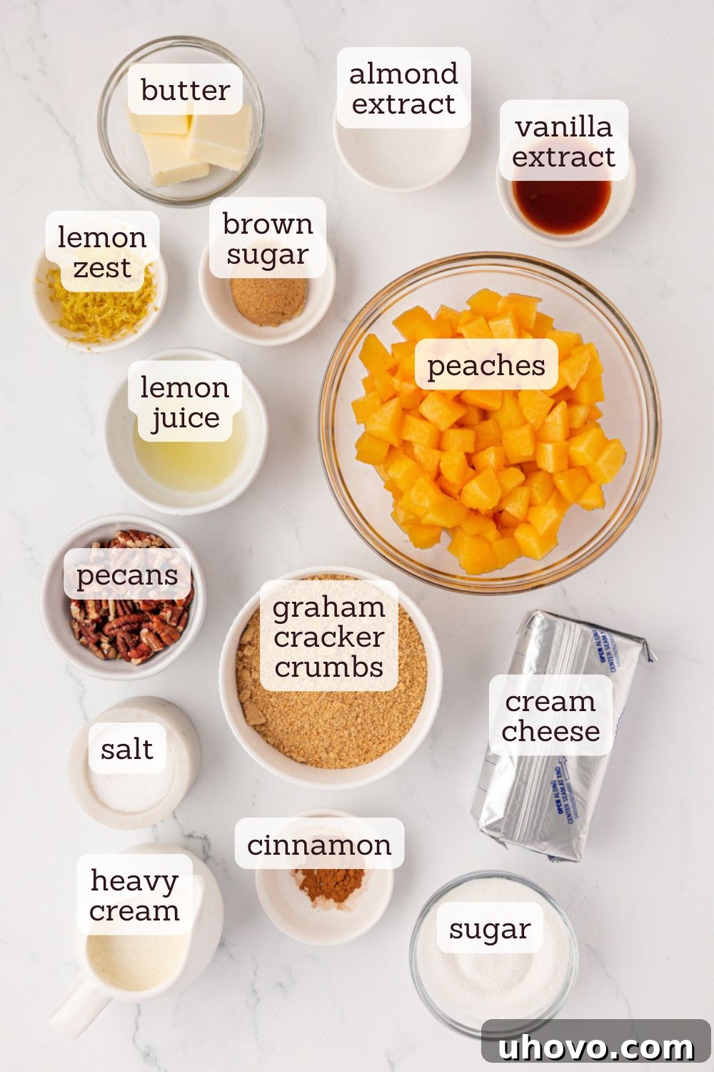 overhead view of ingredients for no-bake peach cheesecake jars