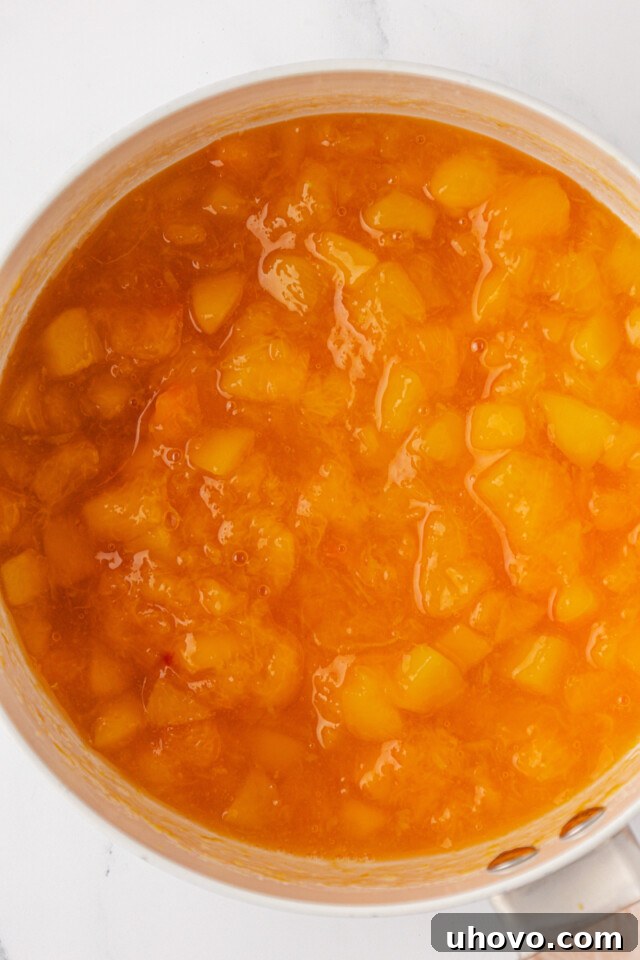 overhead view of peach compote in a saucepan