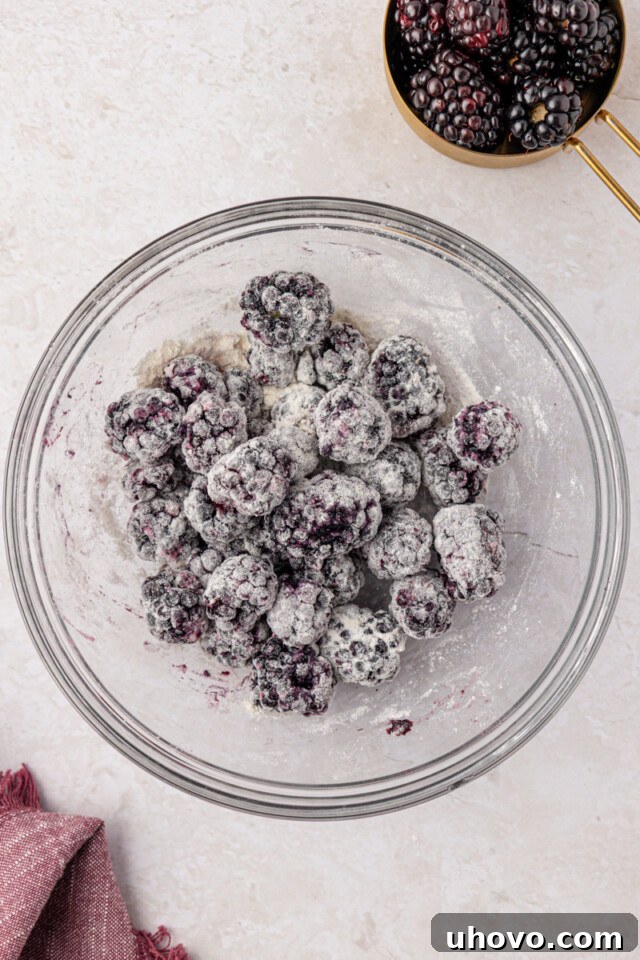 Warm Blackberry Buckle with Cinnamon Crumb Topping 5 overhead view of blackberries tossed with flour