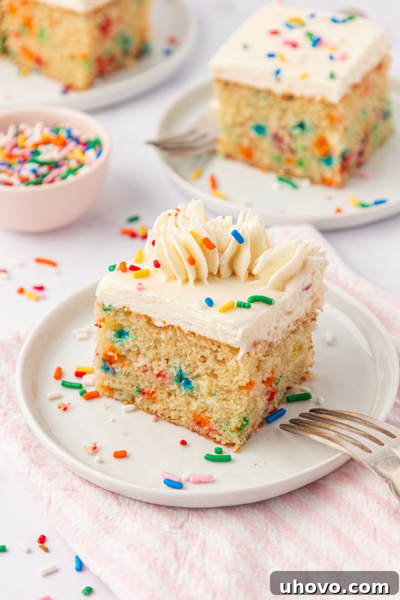 Party-Ready Funfetti Sheet Cake Recipe 2 slice of funfetti sheet cake with vanilla frosting and lots of sprinkles