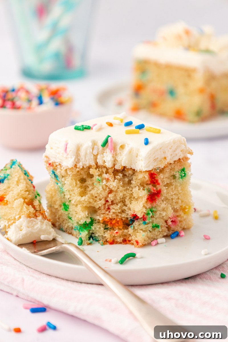 Party-Ready Funfetti Sheet Cake Recipe 10 a slice of funfetti sheet cake filled with rainbow sprinkles and topped with vanilla frosting