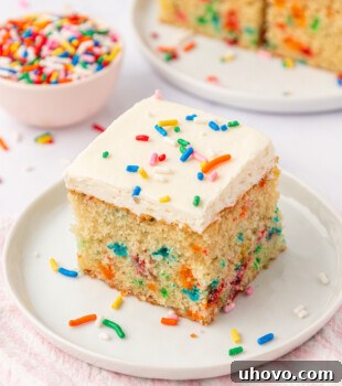 Party-Ready Funfetti Sheet Cake Recipe 11 sprinkle-filled funfetti sheet cake topped with vanilla frosting and more sprinkles