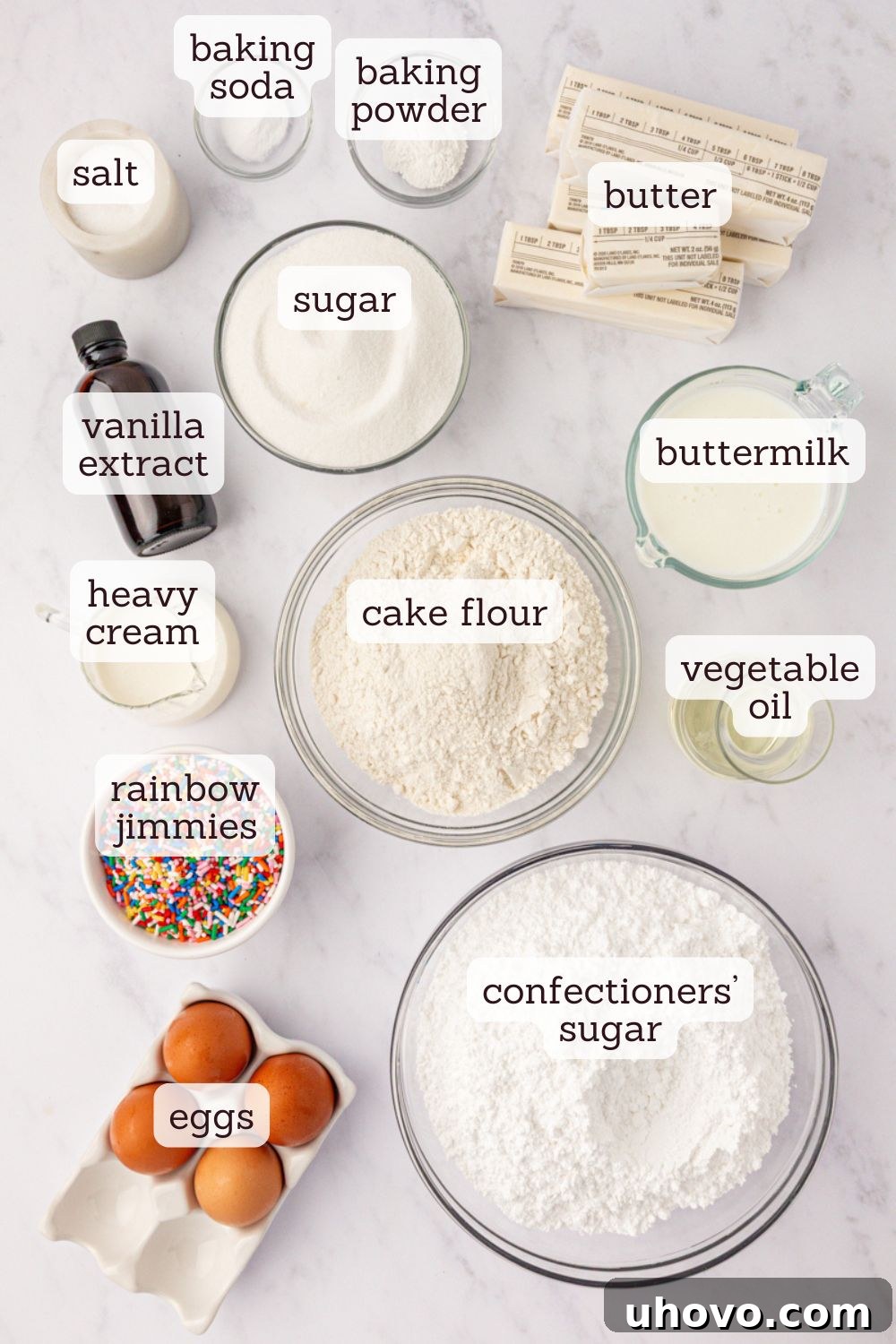 Party-Ready Funfetti Sheet Cake Recipe 3 overhead view of ingredients for funfetti sheet cake