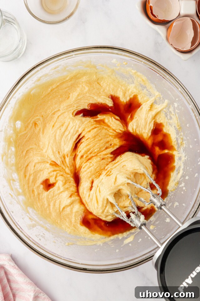 Party-Ready Funfetti Sheet Cake Recipe 4 vanilla extract added to creamed butter, sugar, and eggs