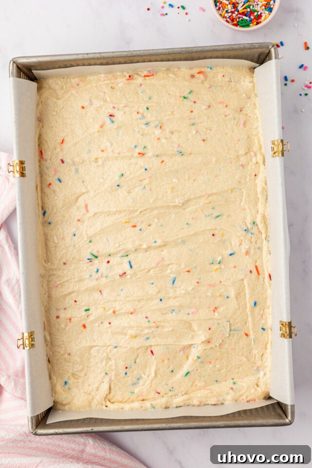 Party-Ready Funfetti Sheet Cake Recipe 6 overhead view of funfetti cake batter in a 9x13 baking pan