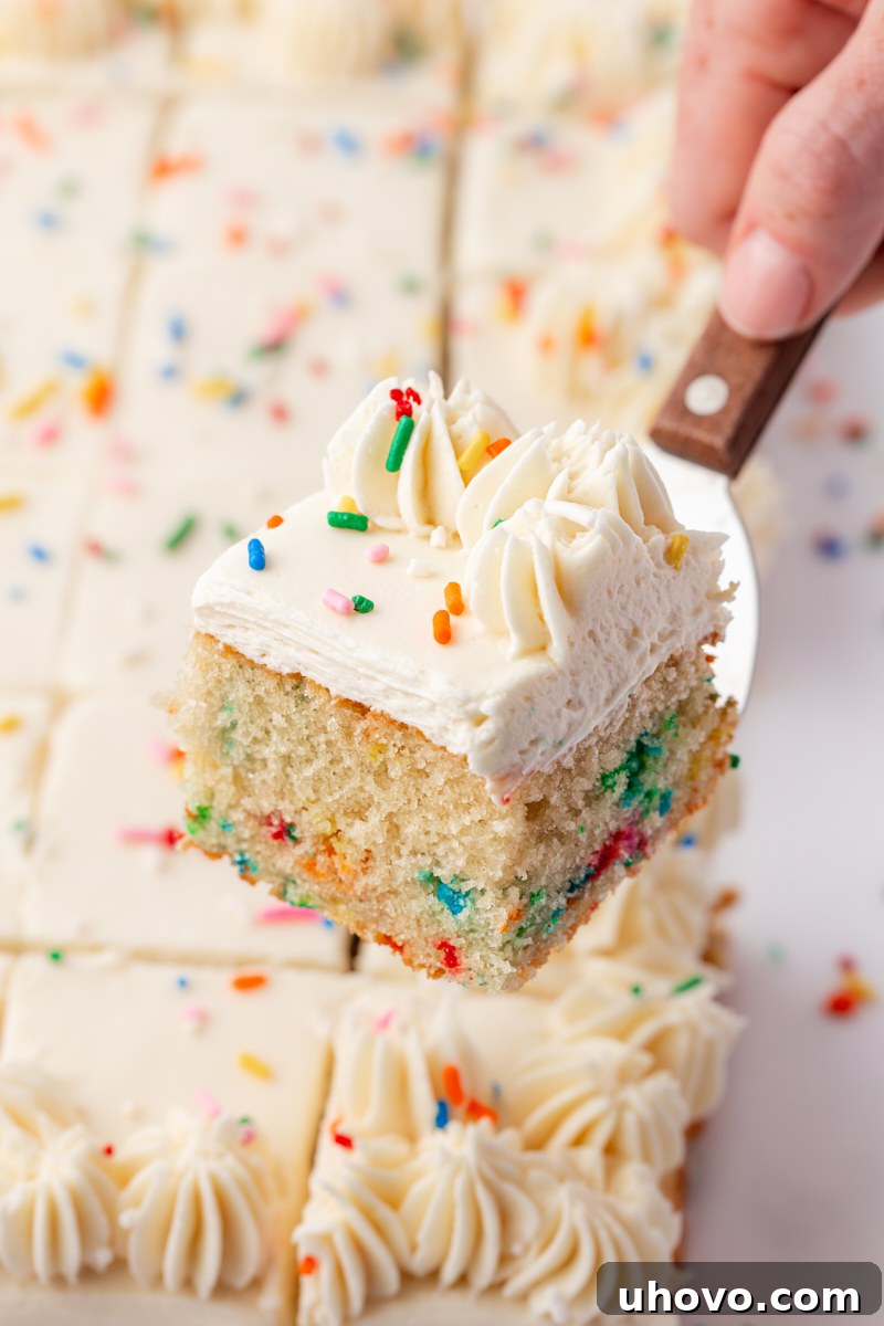 Party-Ready Funfetti Sheet Cake Recipe 9 a slice of frosted funfetti sheet cake on a cake server with the remaining cake in the background