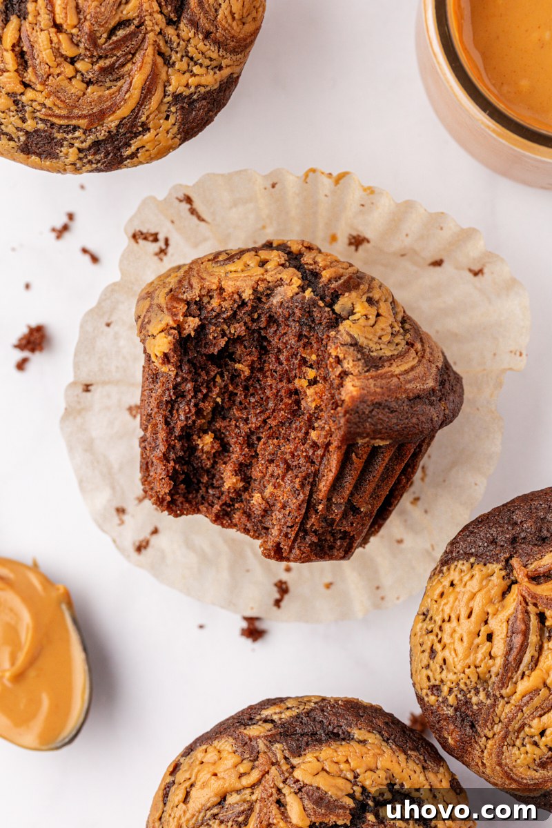 Homemade Chocolate Peanut Butter Swirl Muffins 10 overhead view of a chocolate peanut butter swirl muffin with a bite missing