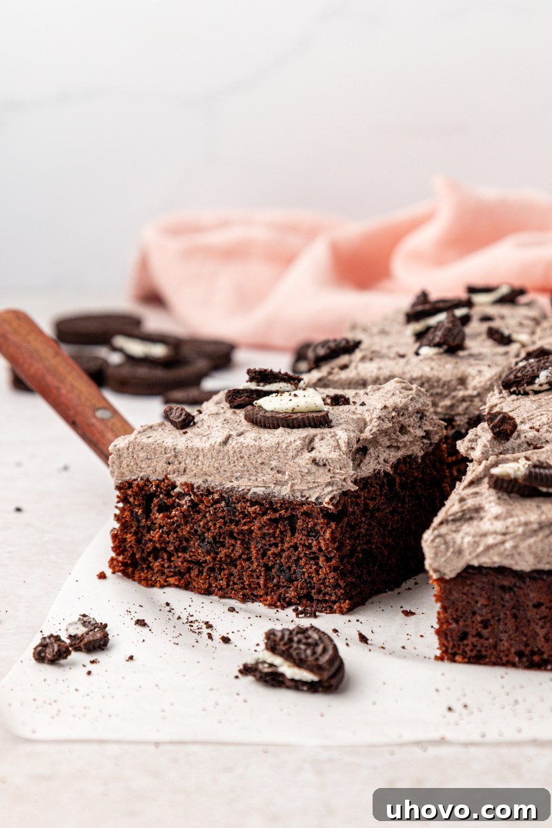 Decadent Oreo Sheet Cake with Creamy Oreo Frosting 11 a slice of Oreo sheet cake with Oreo buttercream frosting